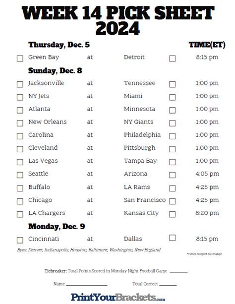 Printable NFL Week 14 Schedule Pick em Pool 2024