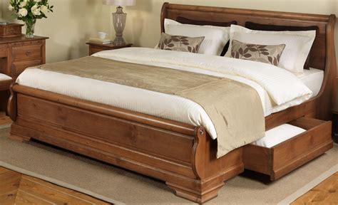 King Size Rustic Varnished Oak Wood Sleigh Bed Frame With Storage Drawers, Fantastic King Size ...