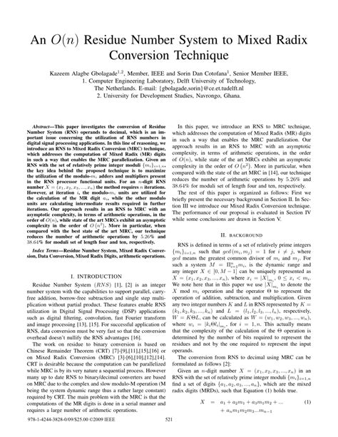 (PDF) An O(n) Residue Number System to Mixed Radix Conversion Technique.