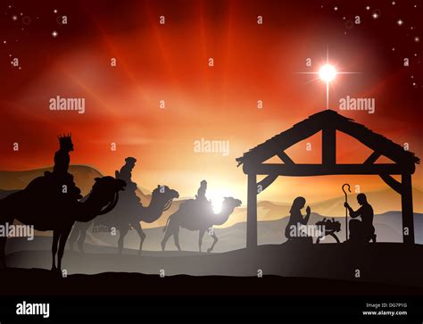 Christmas nativity scene with baby Jesus in the manger in silhouette ...