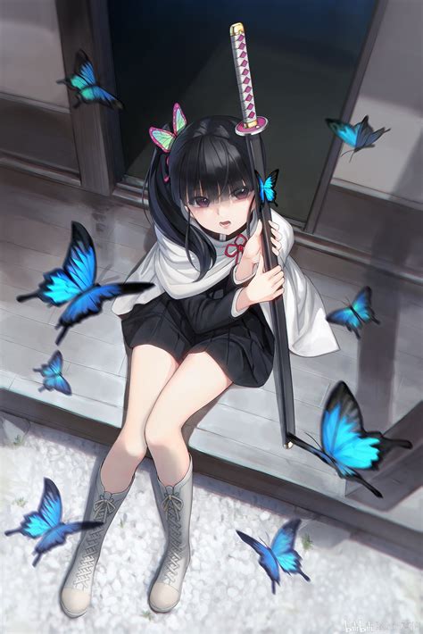 Kanao Tsuyuri, door, butterfly, black hair, Kimetsu no Yaiba, anime ...