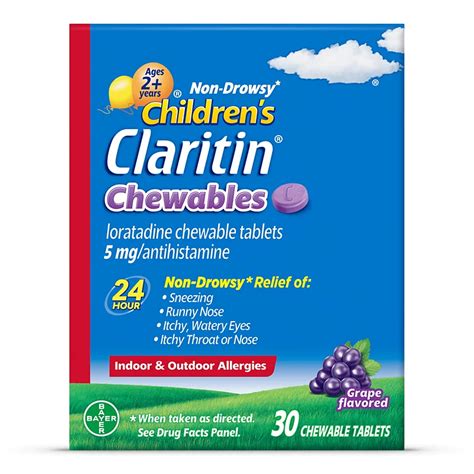 Claritin Children's 24-Hour Non-Drowsy 5 mg Loratadine Antihistamine Grape Allergy Chewable ...