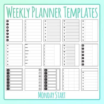 Weekly Planner Monday Start Calendar Templates Clip Art / Clipart ...