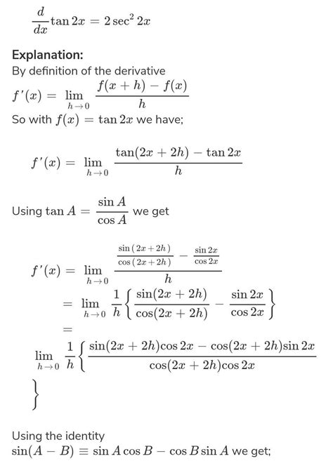 find the derivative of tan 2x from first principle - Brainly.in