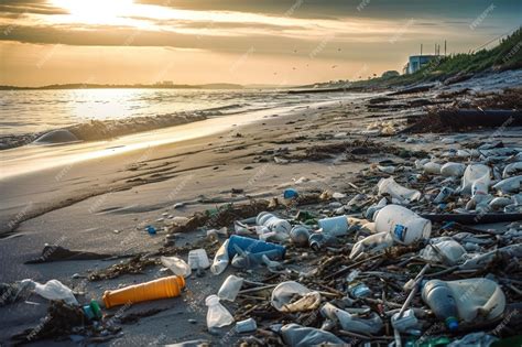 Garbage and trash on the beach at sunset Environmental pollution Save ...