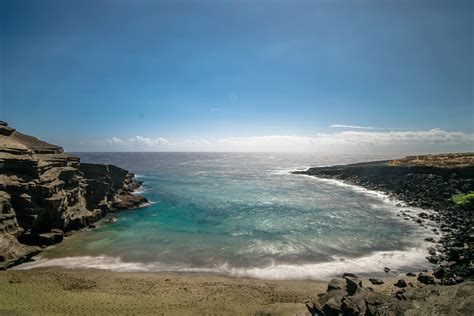 Papakolea Beach on the south end of the Big Island of Hawaii. One of four green sand beaches in ...