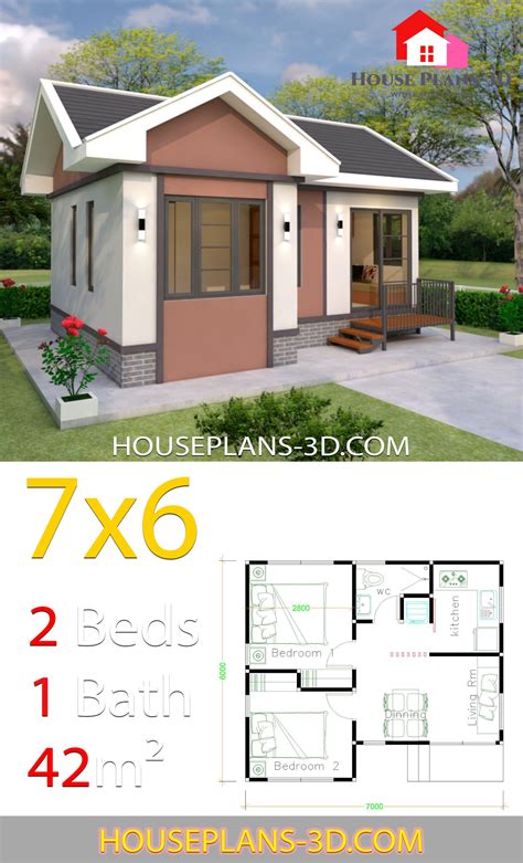 House Plans Design 7x6 with 2 Bedrooms Gable Roof - House Plans 3D