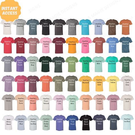 Bella 3001 Color Chart Bella Canvas 3001 Color Chart Solid and Heather Colors Bella T-shirt ...