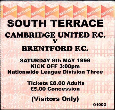 Cambridge U v Brentford – ticket – 1998-1999 – Brentford FC Memorabilia