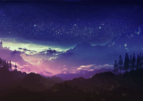 Starlit Mountain Anime Landscape HD Wallpaper by Y-K