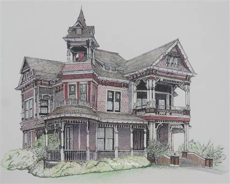 CA Victorian home in pen & ink and then colored with colored pencils. | Architecture sketch ...