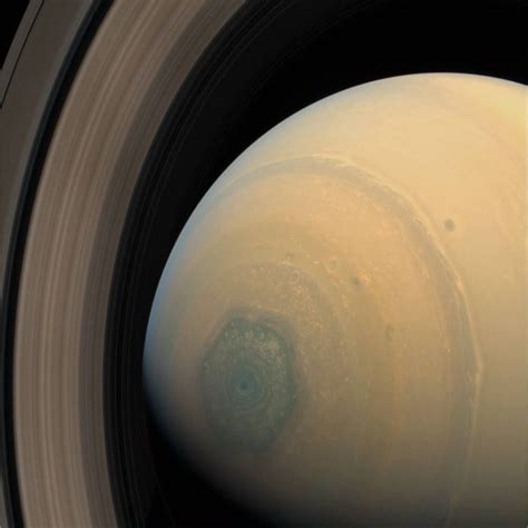 End-on view of Saturn showing the strange hexagonal pattern of clouds ...