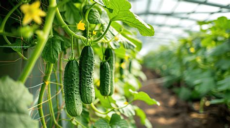 Cucumber Plant Vine With Kukes And Flowers In Greenhouse Background ...