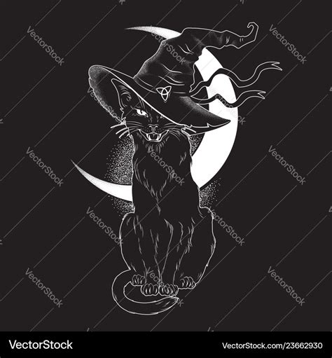 Black cat with pointy witch hat line art Vector Image