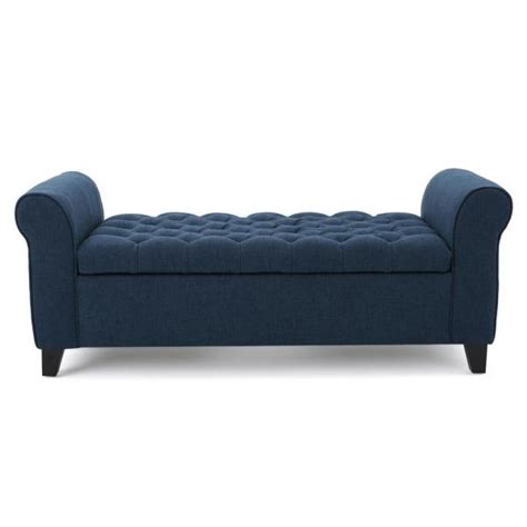 Noble House Keiko Tufted Dark Blue Fabric Armed Storage Bench-10936 ...