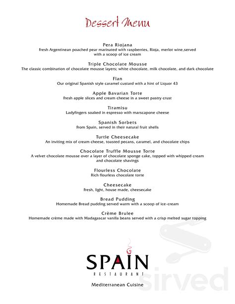 Menu for Spain Restaurant in Cranston, Rhode Island, USA