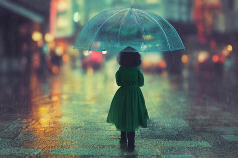 Premium Photo | Girl with umbrella under rain night city lights ai ...