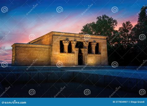 Illuminated Temple of Debod at Sunset - Ancient Egyptian Temple at La ...