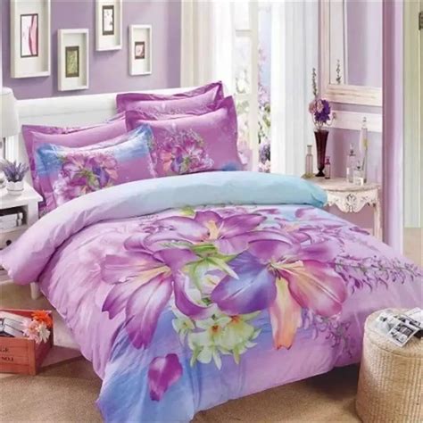 Light Purple Lily Flower Girls Bedding Set Queen Size 100% Cotton Floral Printed Quilt Cover Bed ...