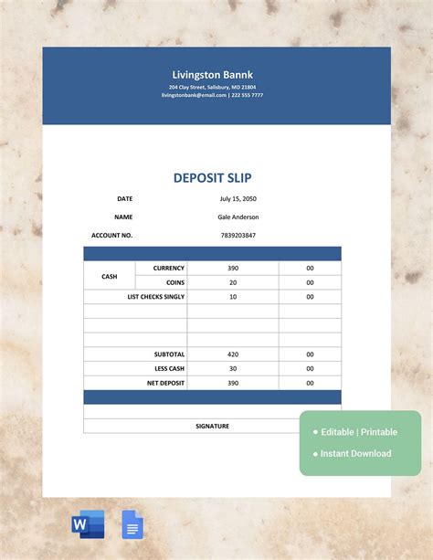 Blank Deposit Slip Template - Google Docs, Word | Template.net