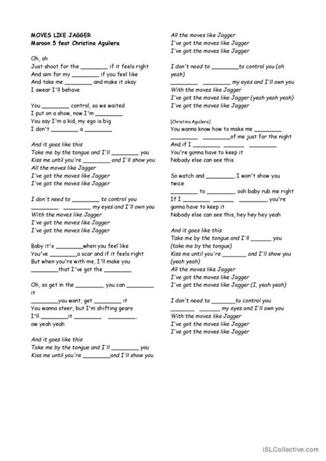 Song "Moves like Jagger" song and nu…: English ESL worksheets pdf & doc