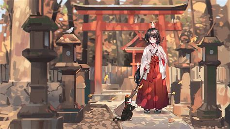 HD wallpaper: Anime, Original, Cat, Girl, Kimono, Shrine, Shrine Maiden | Wallpaper Flare