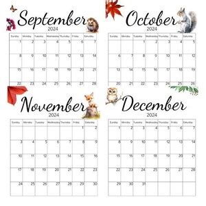 Digital 2024 Calendar Woodland Animals Calendar Printable Calendar Desk ...