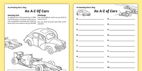 An A-Z of Cars Worksheet / Worksheet, worksheet - Twinkl