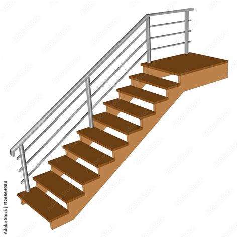 Stair with wooden steps. Ladder Sample 3d with chrome railing side view isolated. Vector ...