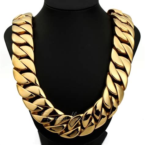 31MM HEAVY MENS Chain Gold Plated Curb Cuban Link 316L Stainless Steel Necklace | eBay