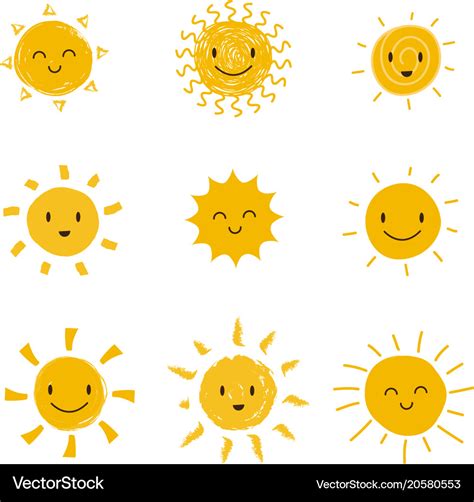 Cute happy sun with smiley face summer sunshine Vector Image