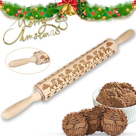 Christmas Embossing Rolling Pin, Xmas Symbol Pattern For Baking Embossed Wooden Rolling Pins, 13 ...