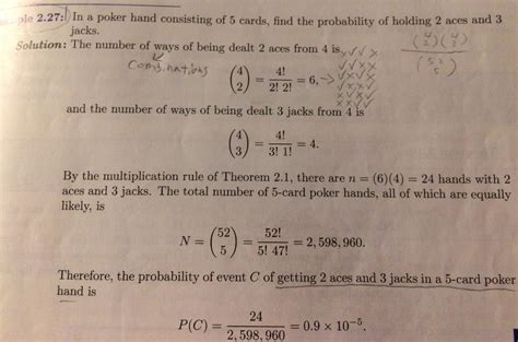 [Solved] What is the probability of drawing 2 aces and 3 | 9to5Science