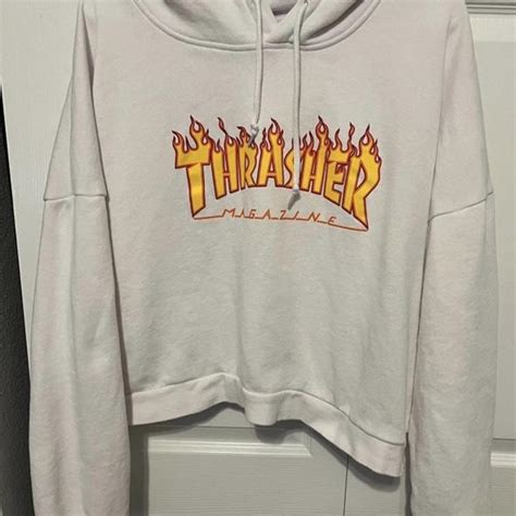 Thrasher white cropped hoodie sweatshirt size large - Depop