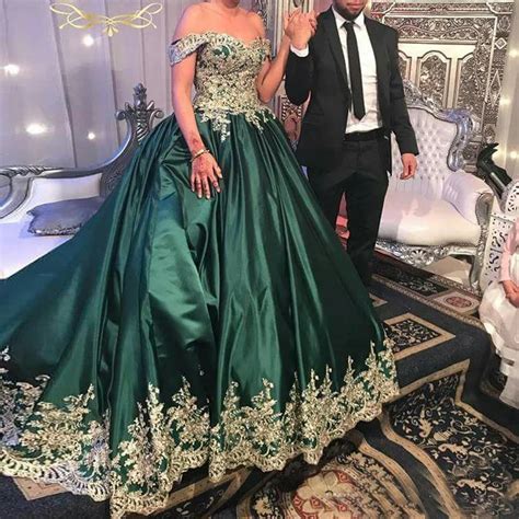 Vestido De Noiva Green Ball Gown Off the Shoulder Satin Wedding Dresses Bridal Gown Gold ...