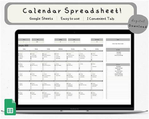 Calendar Spreadsheet, Google Sheets Monthly Calendar, to Do List Template, Task Planner ...