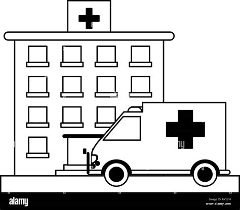 hospital building and ambulance black and white Stock Vector Image ...