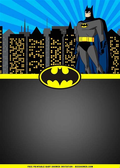 a batman poster with the city skyline in the background