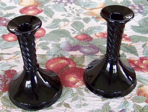 SET OF VINTAGE BLACK AMETHYST GLASS CANDLE HOLDERS