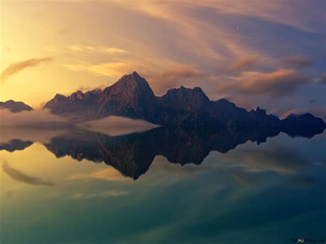 Mountain reflected in the lake at sunset 4K wallpaper download