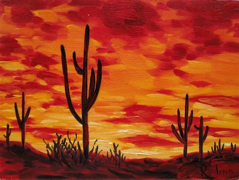 Fire Sunset Desert Painting Sunset Oil Painting Saguaro Cactus - Etsy