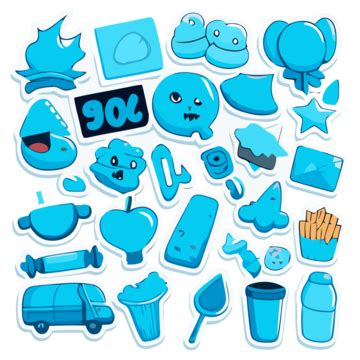 Sticker Set Blue Cartoon Objects Vector, Sticker Design With Cartoon Blue Objects Isolated ...