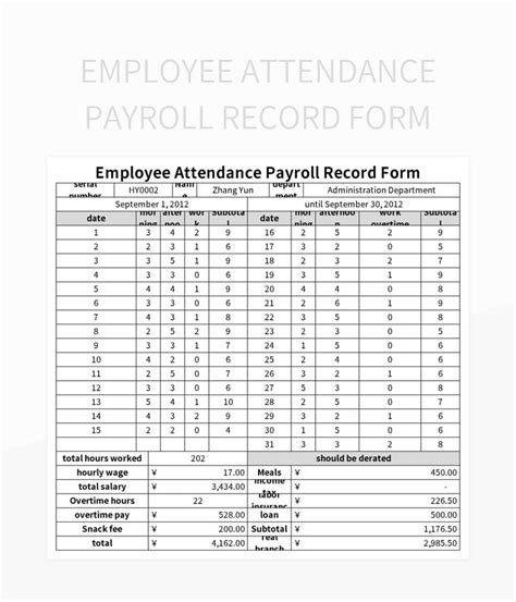 Employee Attendance Payroll Record Form Excel Template And Google Sheets File For Free Download ...