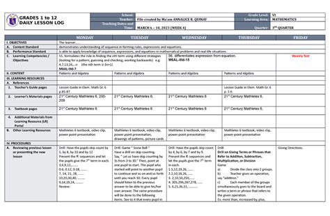 DLL Mathematics 6 Q3 W4 - GRADES 1 to 12 DAILY LESSON LOG School: Grade ...