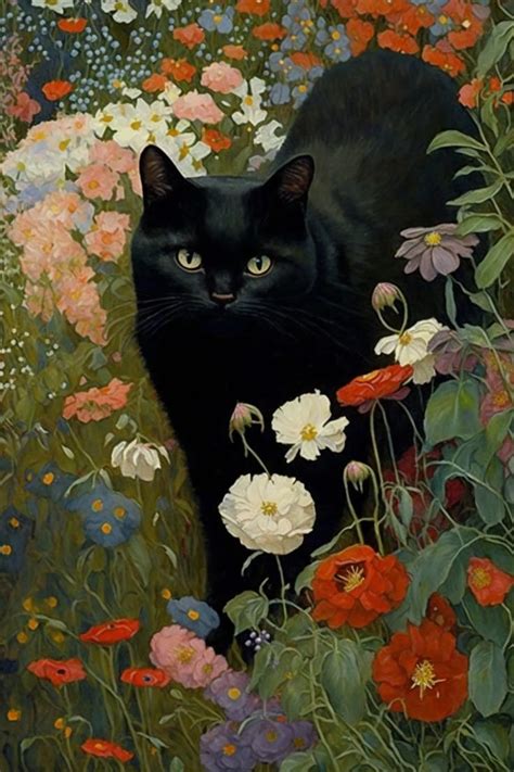 Gustav Klimt Garden Cat Print, Klimt Flowers Cat Poster, Black Cat Art ...