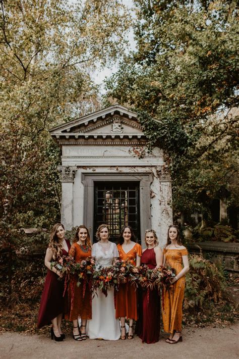 Bridesmaids in Burnt Orange and Deep Red Dresses | Photographer: Camilla Andrea Photography ...