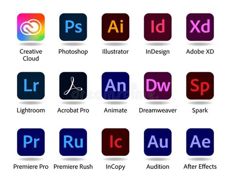 Set of Popular Adobe Apps Icons: Creative Cloud, Photoshop, Illustrator, InDesign, Adobe XD and ...