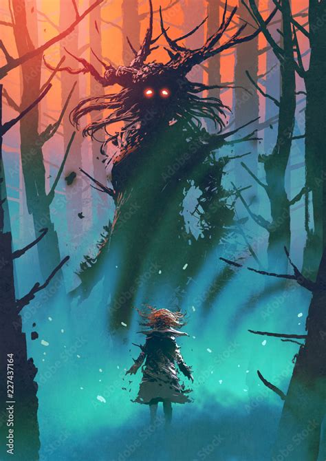 little girl and the witch looking each other in a forest, digital art ...