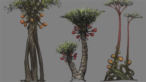 Alien Plants Concept Art: Four Types of Trees with Fruit