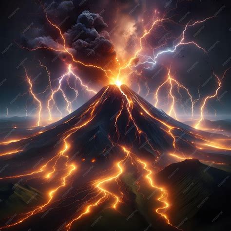 Premium Photo | Frances Cantal Volcano explodes with lightning thunder 8k art